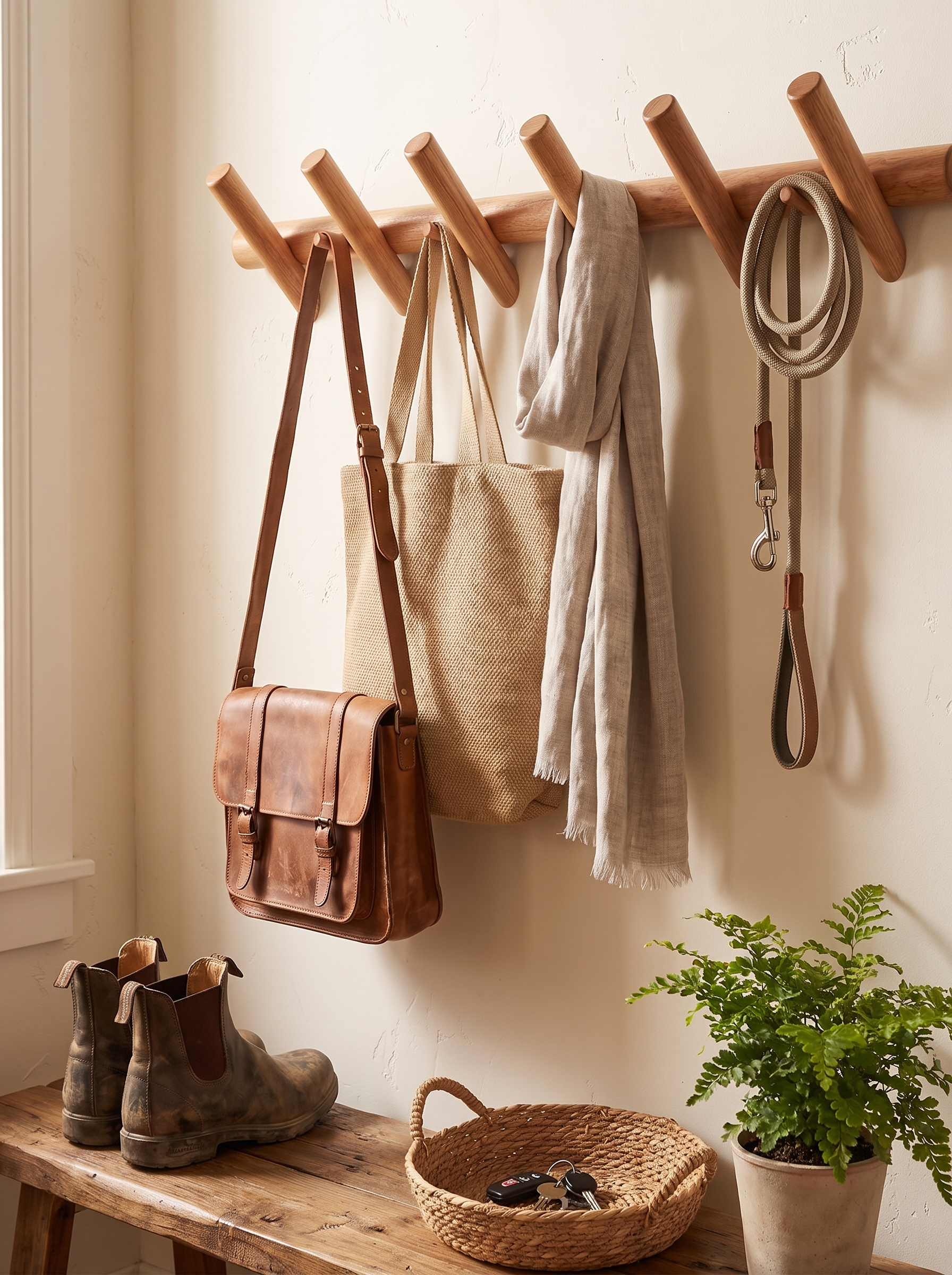 Maeve Solid Oak Wall-Mounted Storage Rack in a home setting, view 1