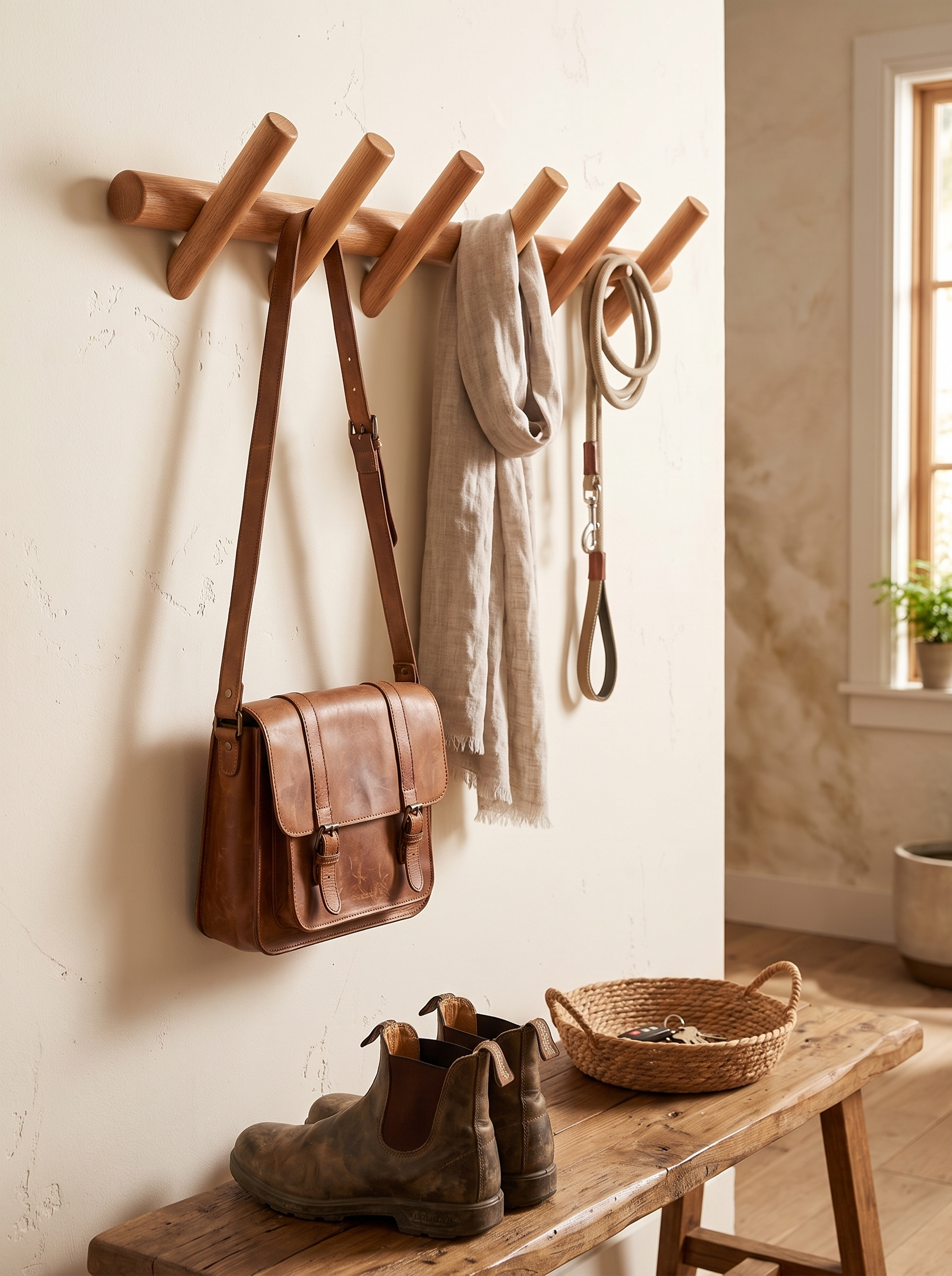 Maeve Solid Oak Wall-Mounted Storage Rack in a home setting, view 2