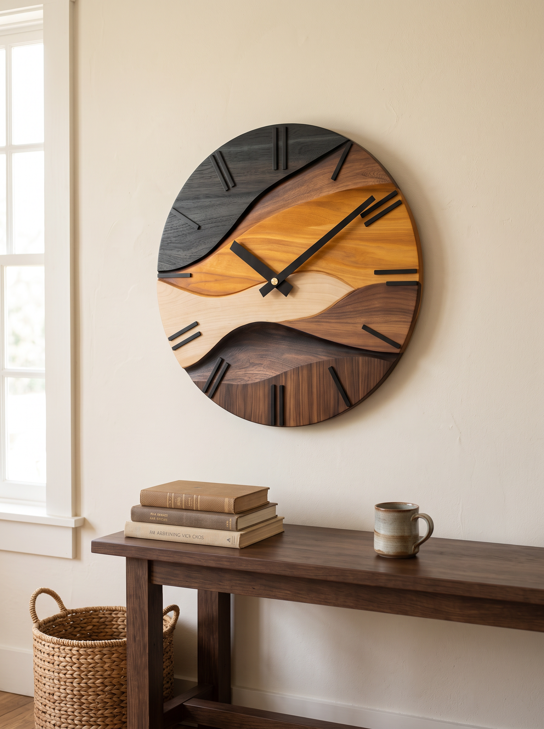 Elegant Round Wall Clock with Artistic Flair in a home setting, view 1