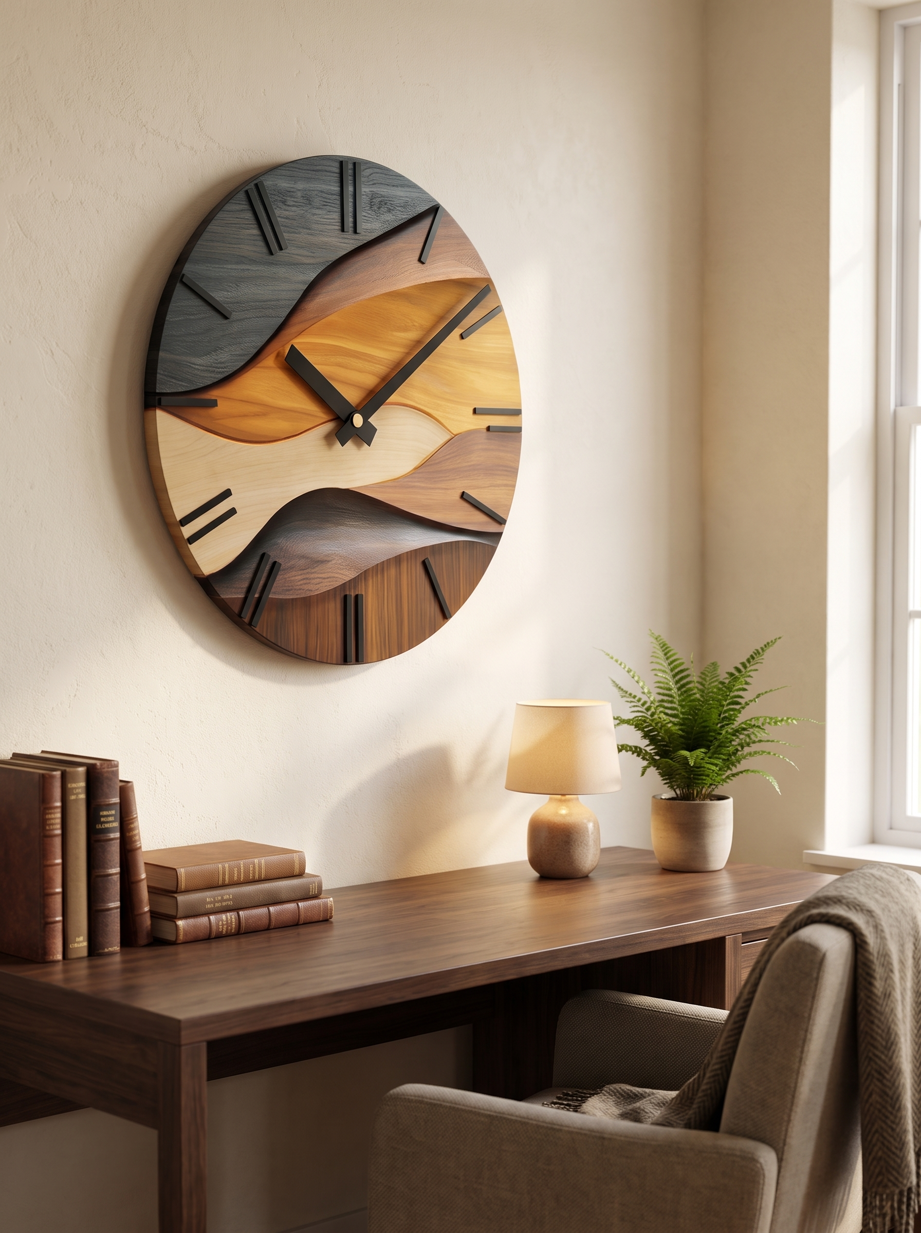 Elegant Round Wall Clock with Artistic Flair in a home setting, view 2