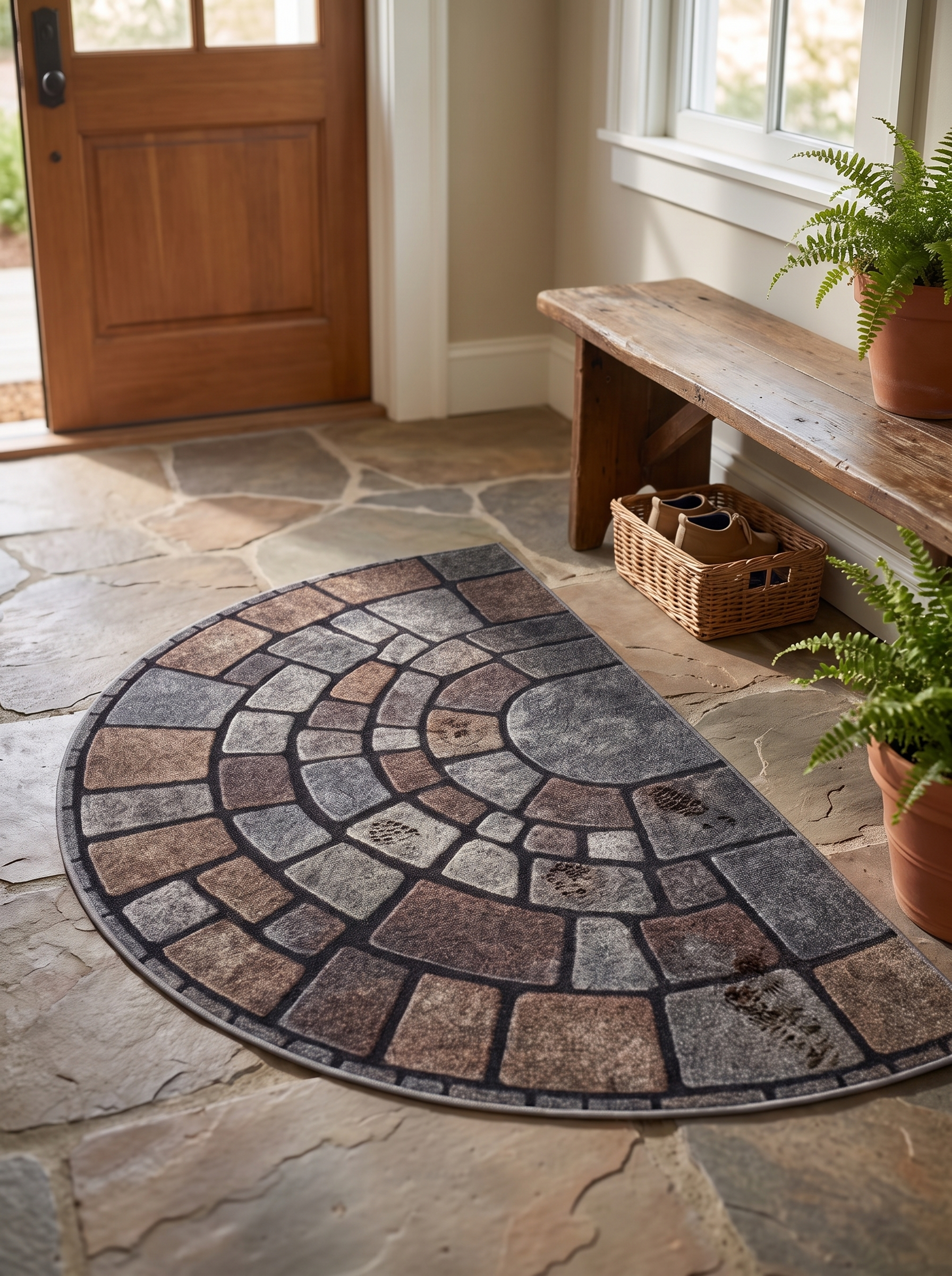 Elegant Half-Circle Mosaic Door Mat in a home setting, view 2