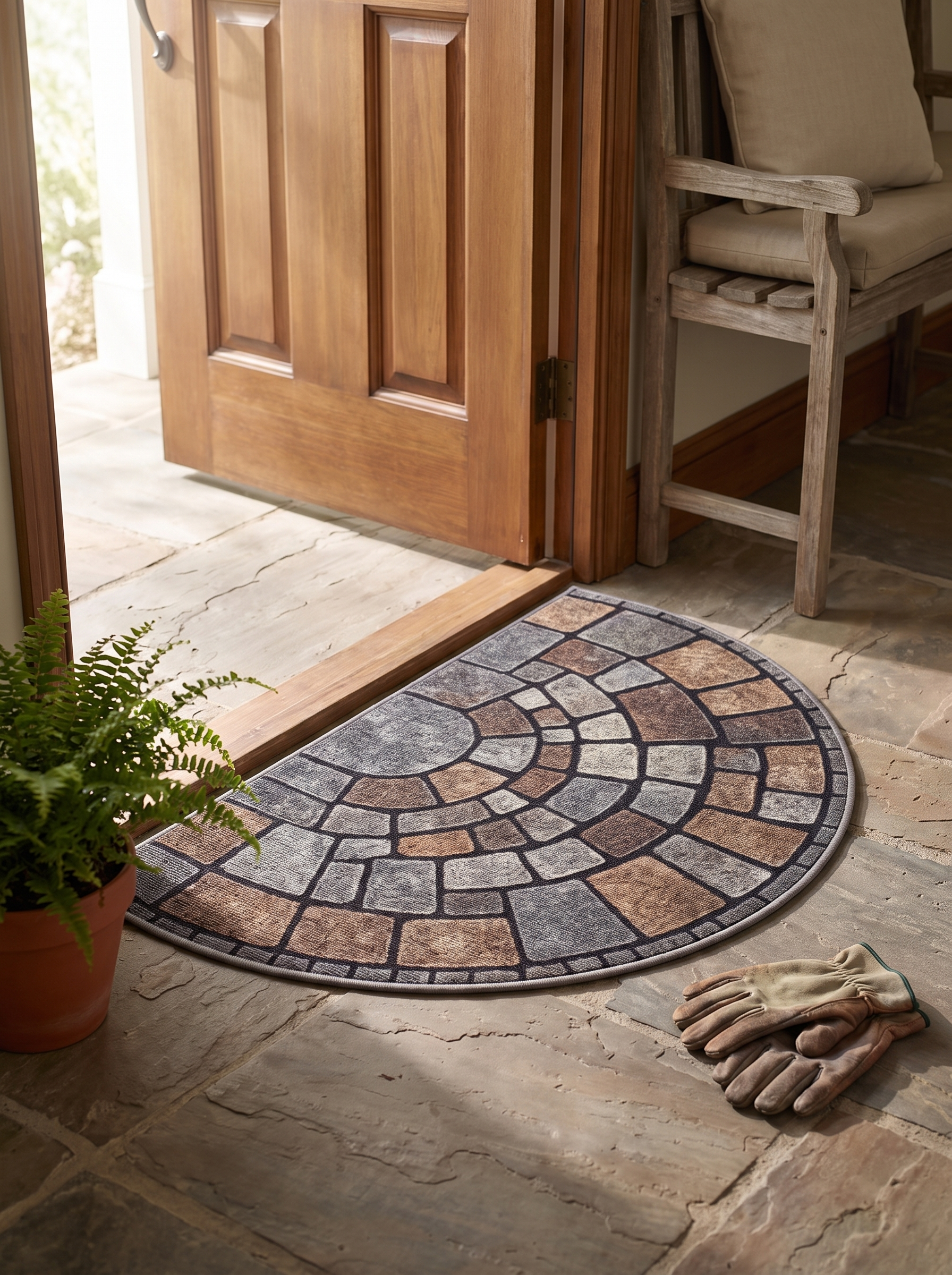 Elegant Half-Circle Mosaic Door Mat in a home setting, view 1