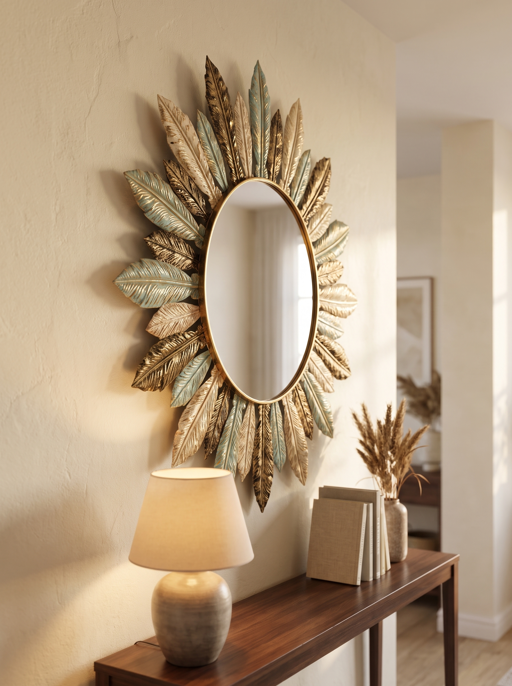 Bohemian Sunburst Metal Wall Mirror - Bold Boho Accent for Modern Walls in a home setting, view 2