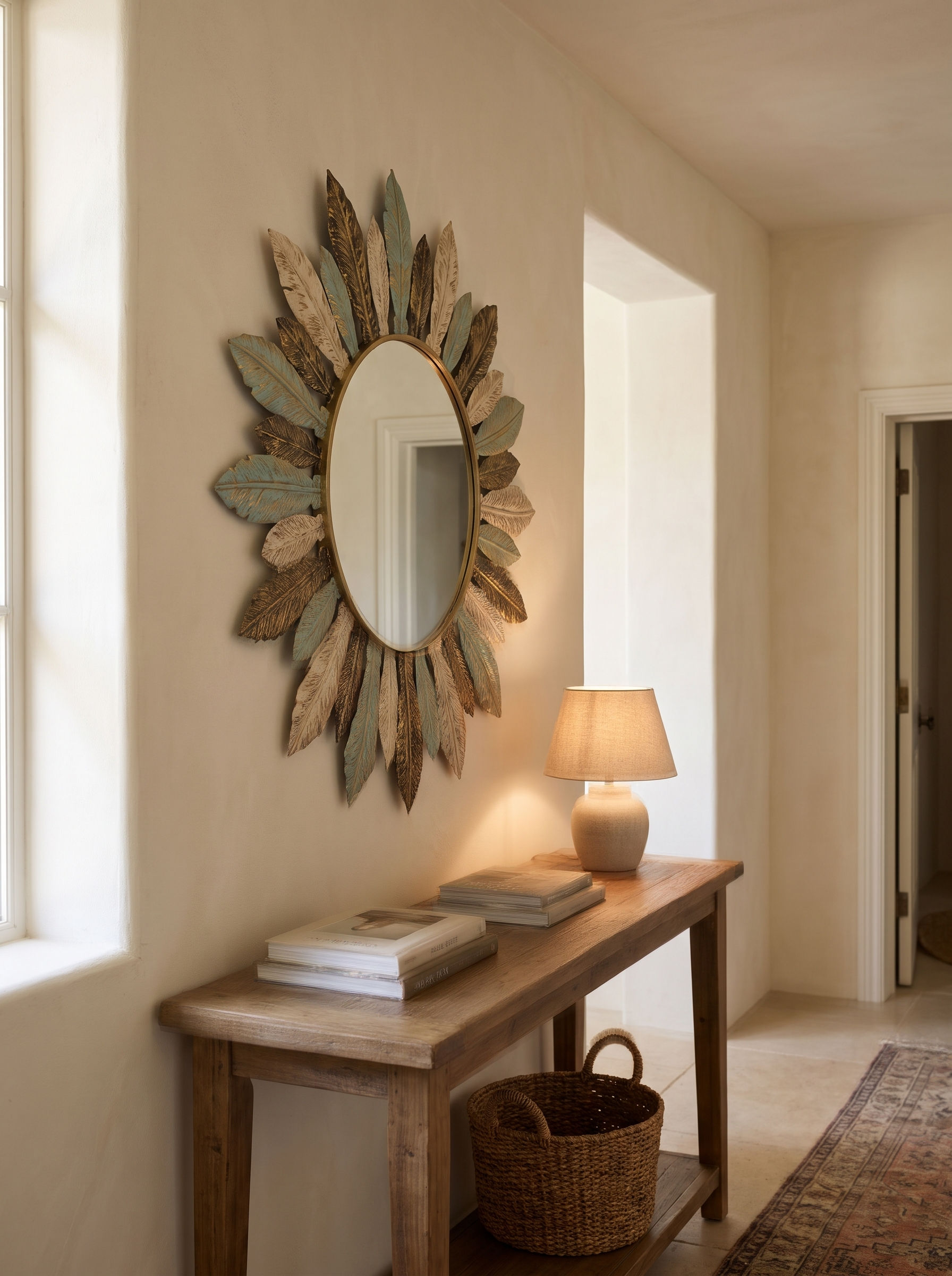 Bohemian Sunburst Metal Wall Mirror - Bold Boho Accent for Modern Walls in a home setting, view 3