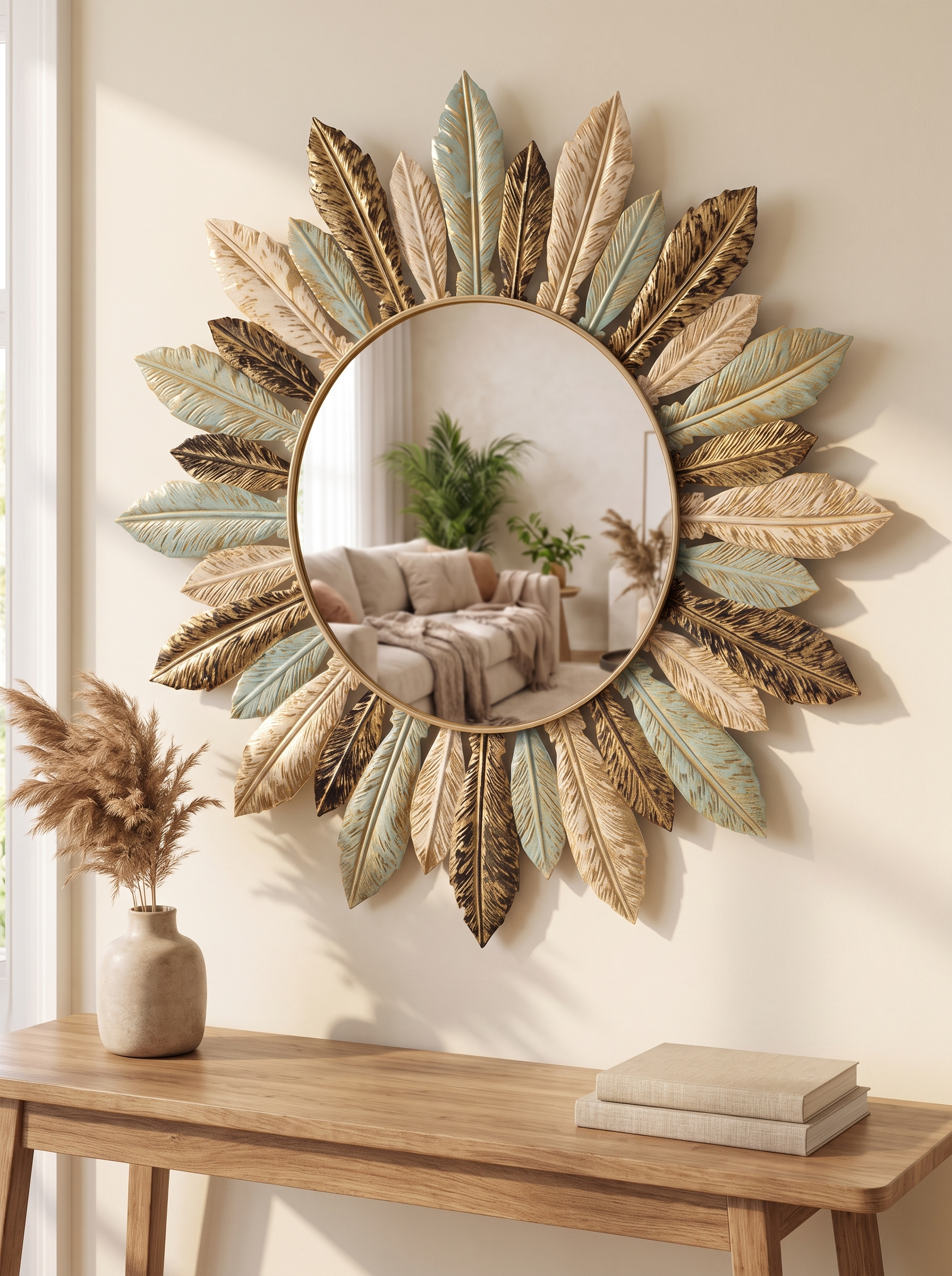 Bohemian Sunburst Metal Wall Mirror - Bold Boho Accent for Modern Walls in a home setting, view 1