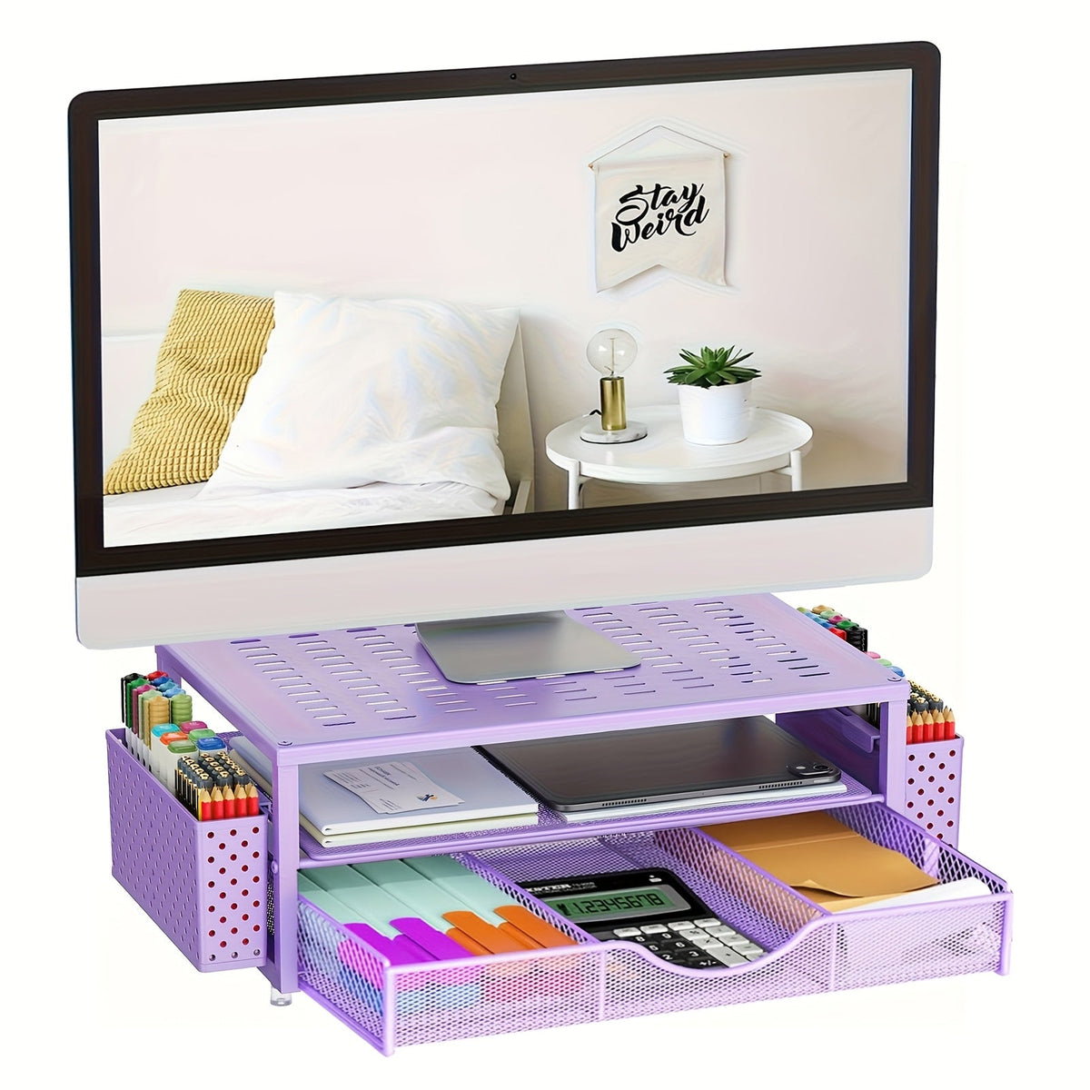 Wood Monitor Stand Riser with Drawer and Pen Holders for Office Desk Storage