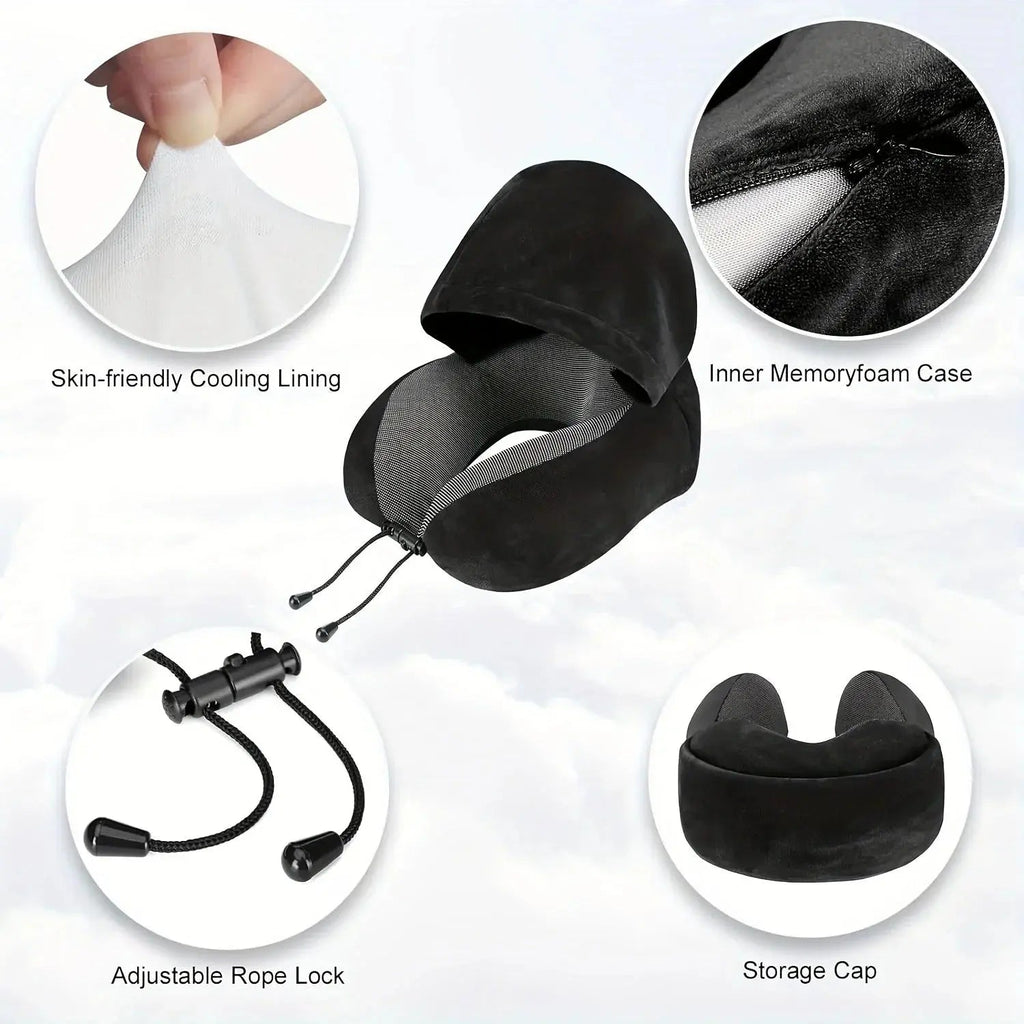 Hooded Travel Pillow with U Shaped Memory Foam and Light Blocking Hood for Airplane, Office, and Car Rest