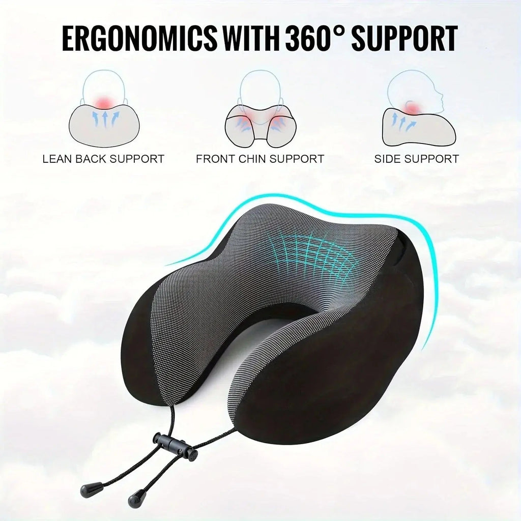 Hooded Travel Pillow with U Shaped Memory Foam and Light Blocking Hood for Airplane, Office, and Car Rest