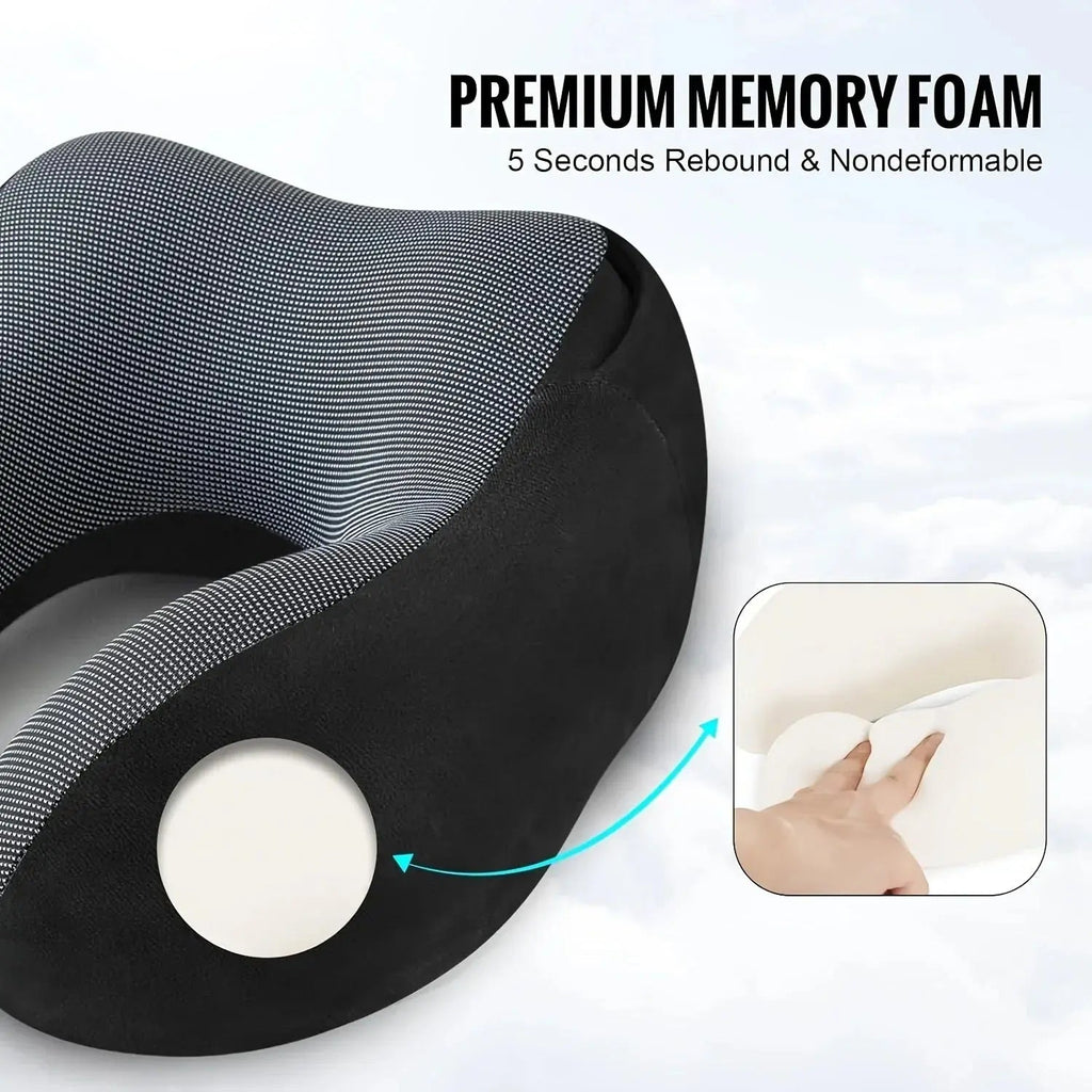 Hooded Travel Pillow with U Shaped Memory Foam and Light Blocking Hood for Airplane, Office, and Car Rest