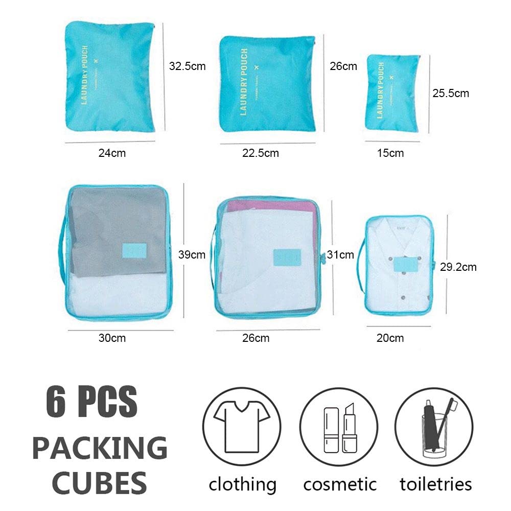 Six-Piece Travel Packing Cubes Set with Mesh Panels for Luggage and Suitcase Organization