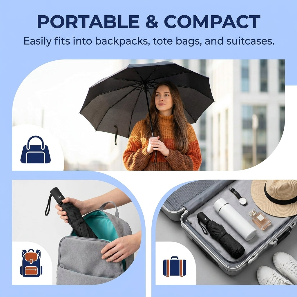 Reflective Travel Umbrella with Automatic Folding Wind Resistant Design for Daily Commutes and Outdoor Use
