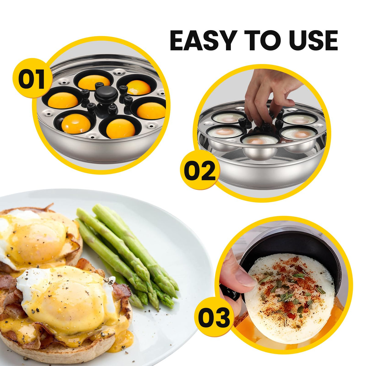 Stainless Steel Egg Poacher Pan with Nonstick Silicone Cups for Breakfast and Steamed Egg Cooking