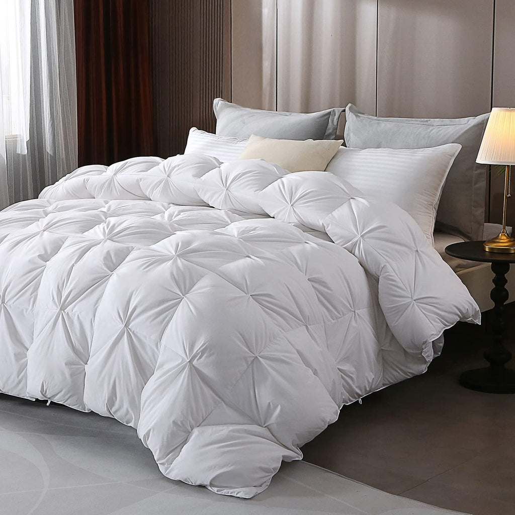 Goose Down Comforter with Pinch Pleat Design and All Season Medium Warmth for Relaxed Sleep Comfort