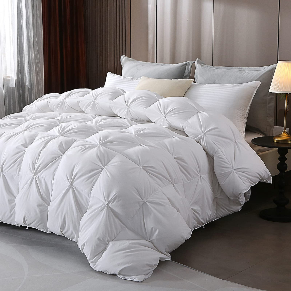 Goose Down Comforter with Pinch Pleat Design and All Season Medium Warmth for Relaxed Sleep Comfort