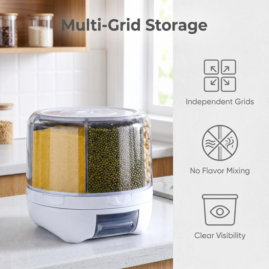 Rotating Food Dispenser with 6-Grid Airtight Design for Grains Cereal Rice and Dry Goods