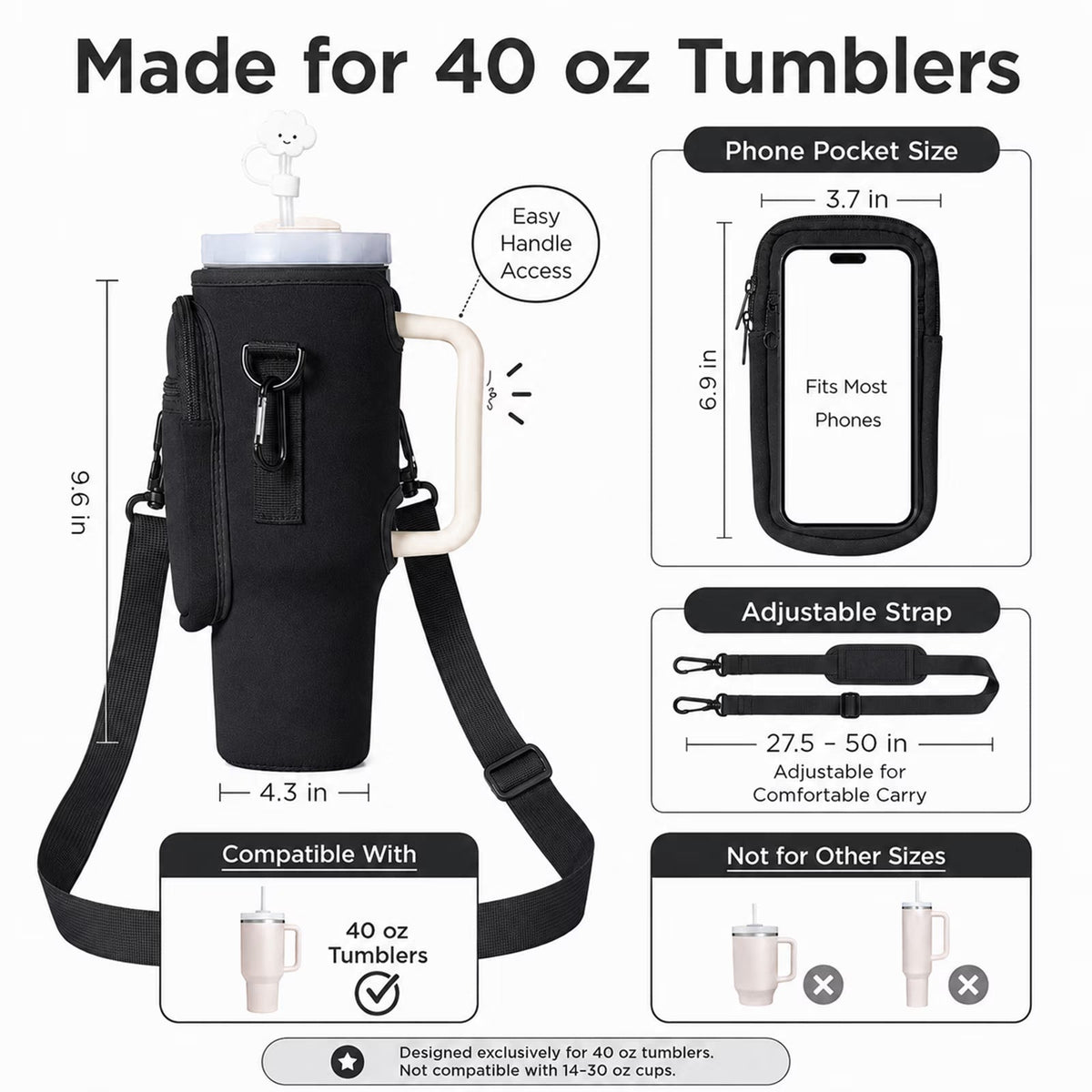 Water Bottle Carrier Bag with Adjustable Strap and Phone Pocket for 40oz Handled Tumblers