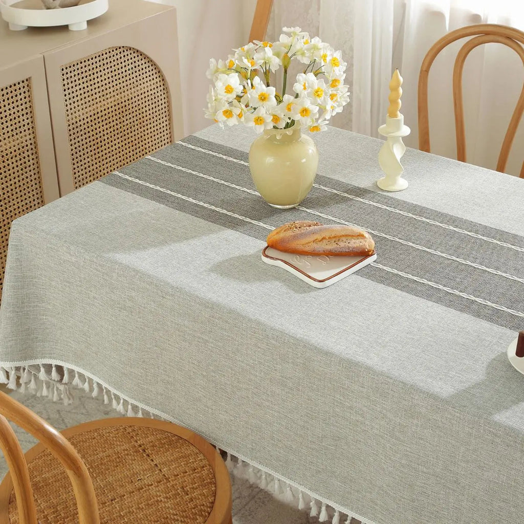 Linen Table Cloth Farmhouse Cotton Blend with Water Resistant Coating and Tassel Edges for Dining Table