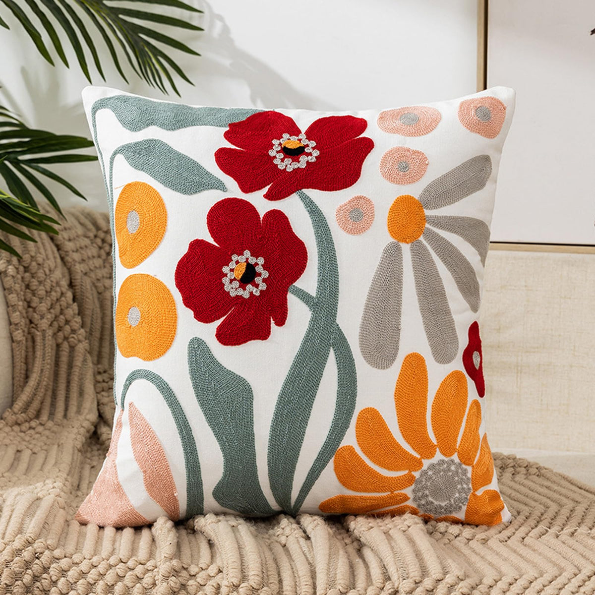 Embroidered Floral Throw Pillow Cover 18x18 Inch Cotton Canvas with Hidden Zipper for Sofa, Bed, and Living Room Decor