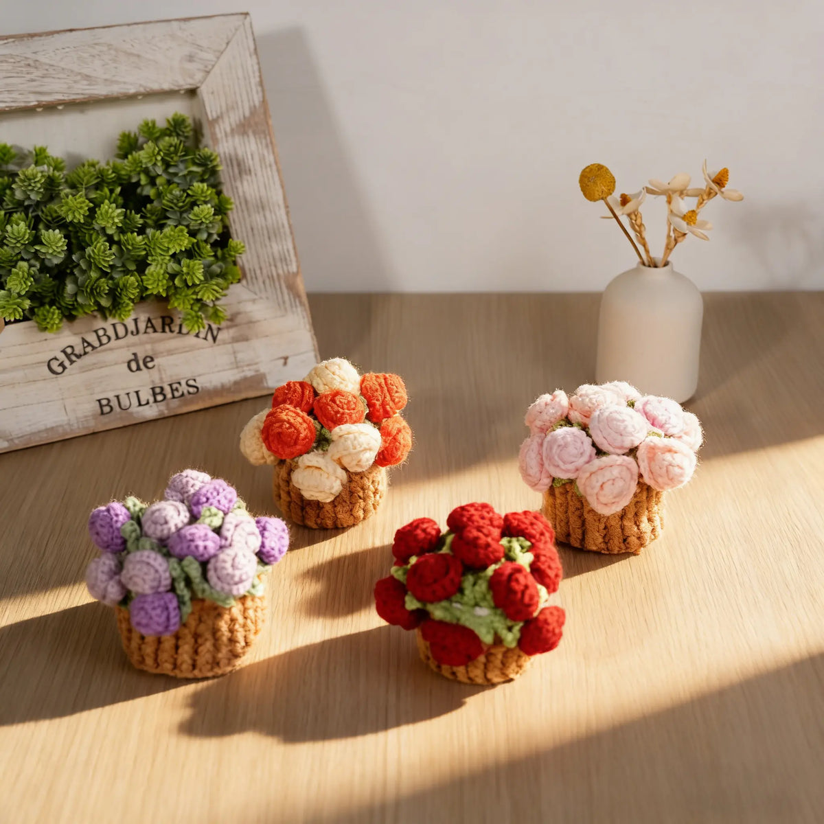 Rose Crochet Coasters with Plant Pot Holder for Coffee Table and Home Office Decor with Size 4.7×4.7×1.2" (12×12×3cm)