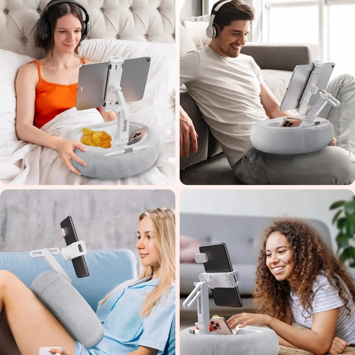 Tablet Pillow Stand with Adjustable Holder and Dual Removable Trays for Reading and Media Use