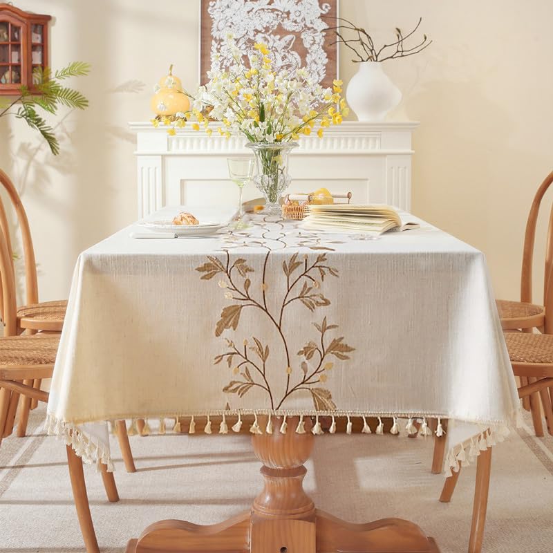 Linen Style Embroidered Tablecloth Waterproof Wrinkle Resistant Rectangle Cover for Dining Room and Outdoor Use