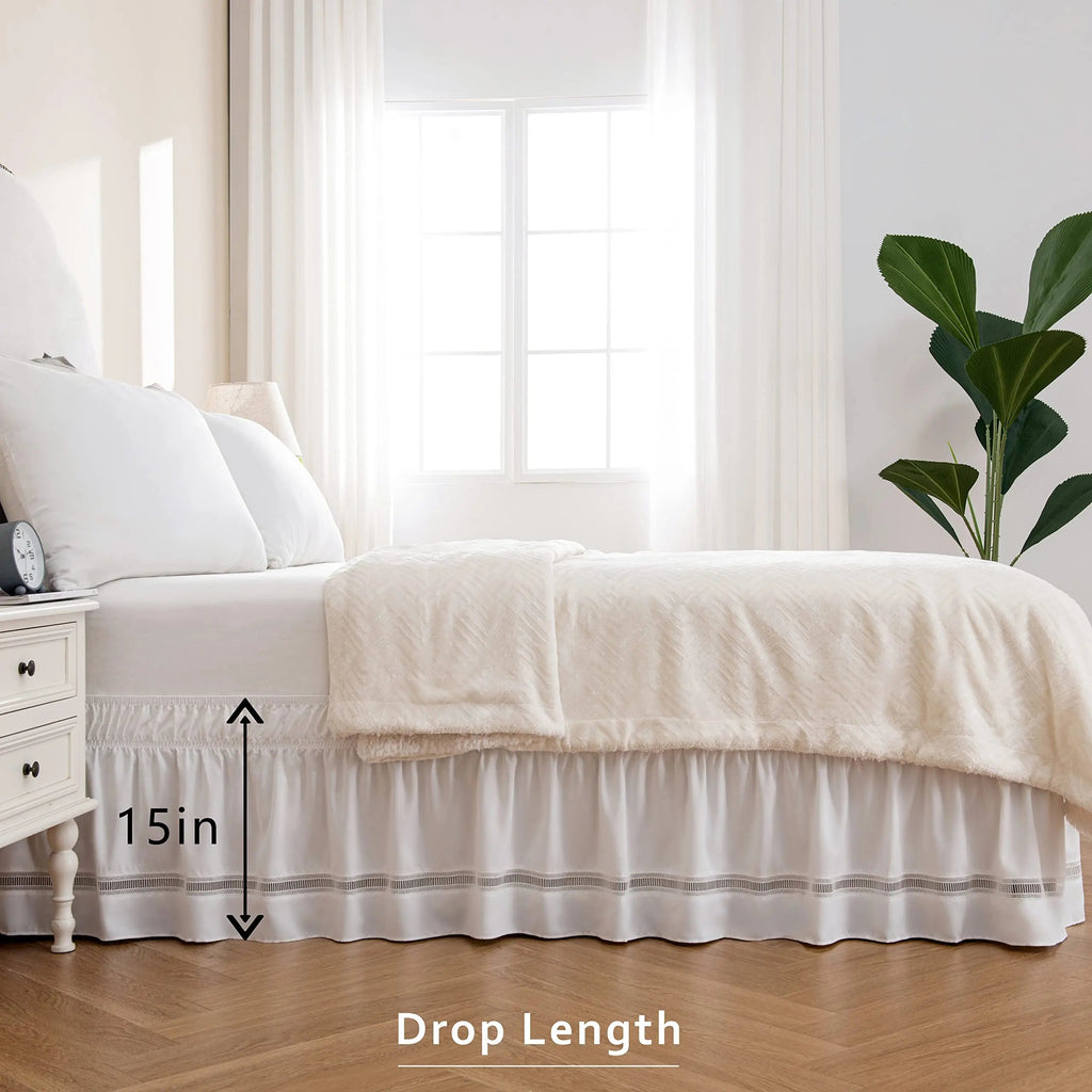 Embroidered Crochet Lace Bed Skirt with Adjustable Belts 15 Inch Drop for Elegant Bedroom Decor