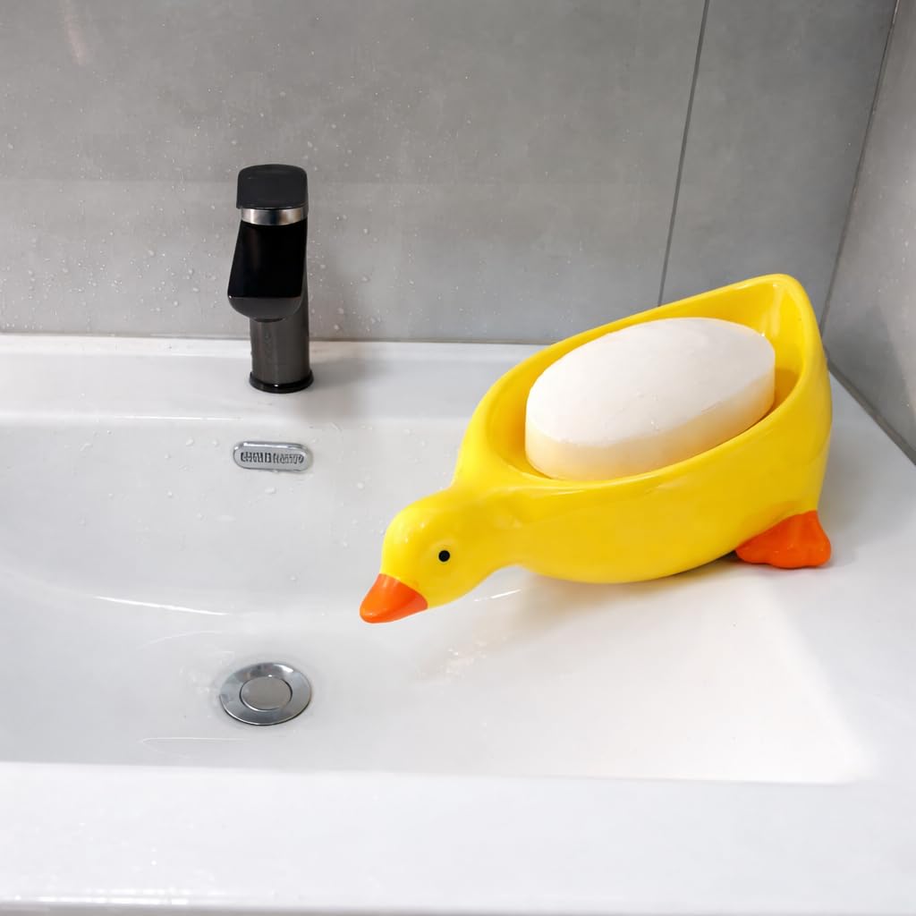 White Duck-Shaped Draining Soap Holder Made of Plastic, Non-Slip Design for Kitchen and Bathroom Countertops