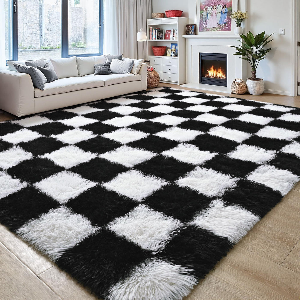 Nordic-Style Soft Plush Checkered Rug for Living Room, Bedroom, Bedside, or Sofa, Fluffy Polyester Carpet for Home Decoration