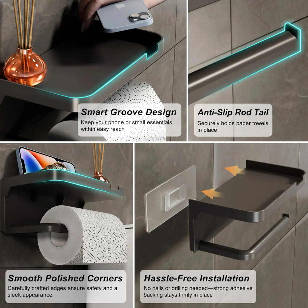 Toilet Paper Holder with Phone Shelf Space Aluminum for Bathroom Wall Mount Storage