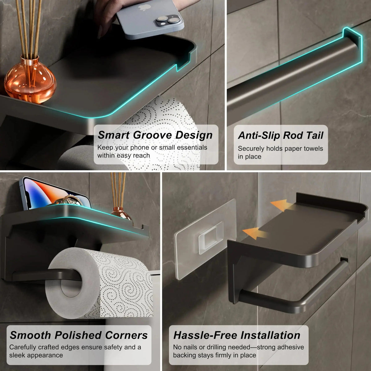 Toilet Paper Holder with Phone Shelf Space Aluminum for Bathroom Wall Mount Storage