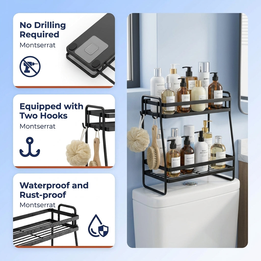No Drill Over Toilet Storage Shelf with 2 Tier Design for Bathroom Essentials, Towels, and Toiletries