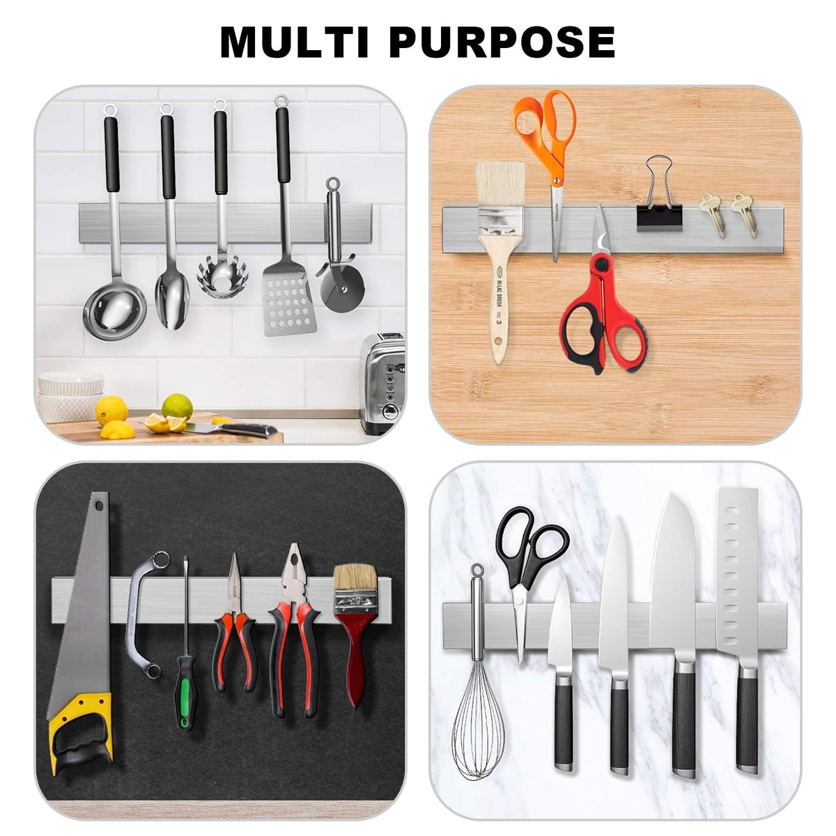 Magnetic Knife Holder with 304 Stainless Steel Strip and Hooks for Wall-Mounted Kitchen Storage