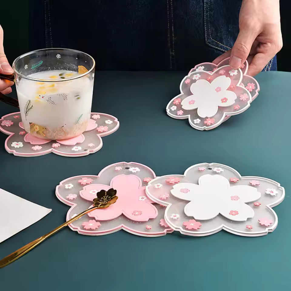 Cherry Blossom Silicone Coaster Mat Heat Insulation Non Slip Cup Pad for Dining Table Drink Protection