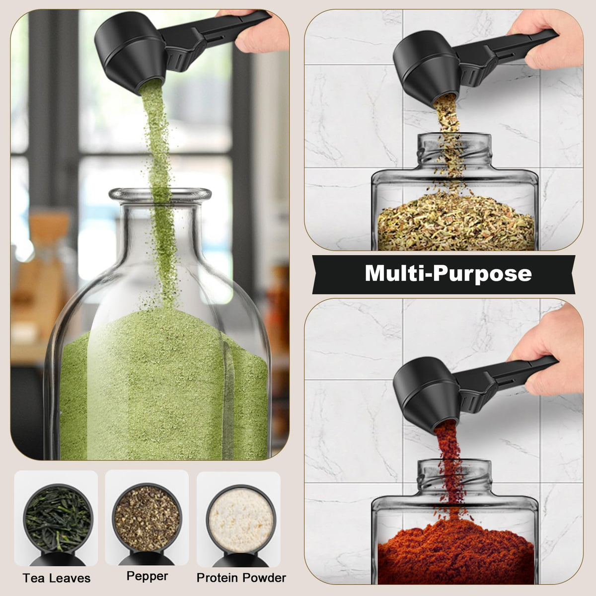 3 Pcs of Reusable Coffee Measuring Scoop with Sliding Funnel Design for Protein Powder and Kitchen Use