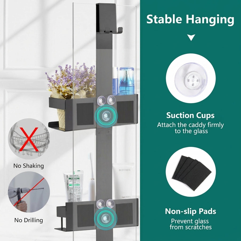 No Drill Stainless Steel Bathroom Shelf with Hooks for Shower Storage and Bathroom Organization