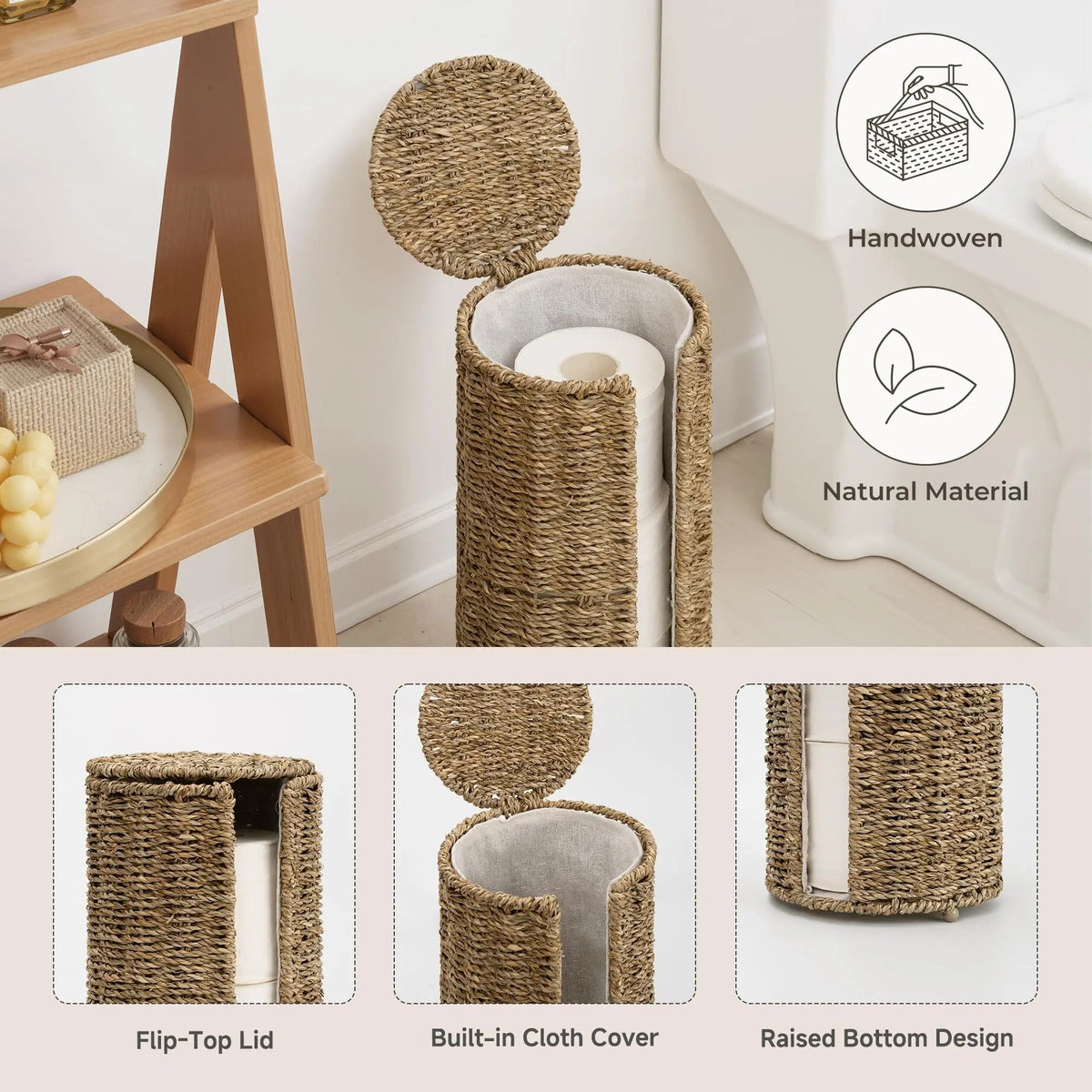Braided Rope Toilet Paper Holder with Freestanding Woven Design for Natural Bathroom Storage