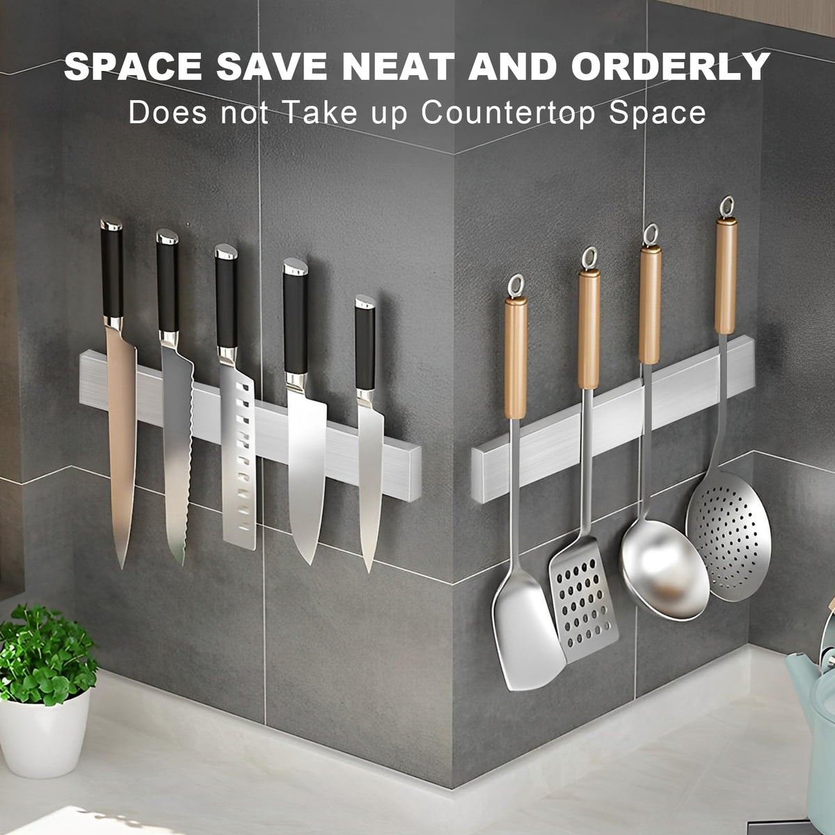 Magnetic Knife Holder with 304 Stainless Steel Strip and Hooks for Wall-Mounted Kitchen Storage