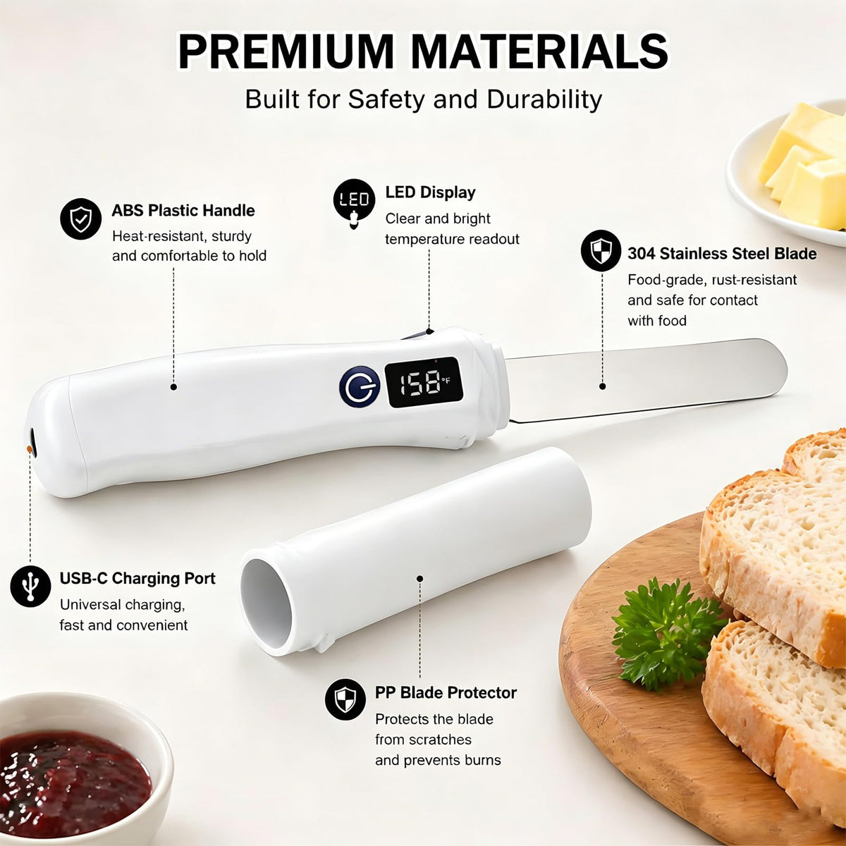 USB Rechargeable Heated Butter Knife with Stainless Steel Spreader Design for Butter Cheese and Toast