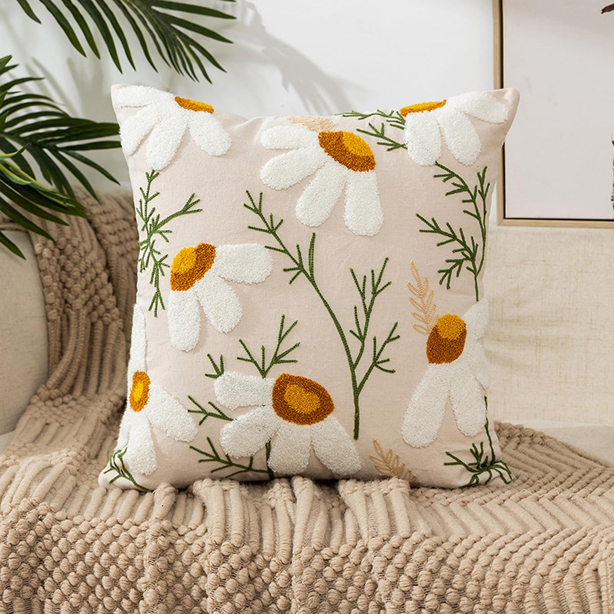 Embroidered Floral Throw Pillow Cover 18x18 Inch Cotton Canvas with Hidden Zipper for Sofa, Bed, and Living Room Decor