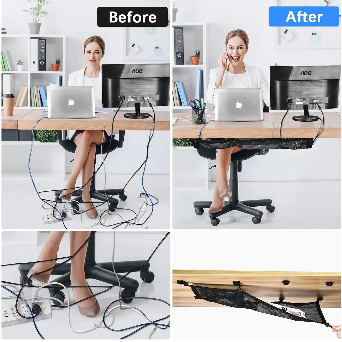 Desk Cable Net Under Desk Kit with Adjustable Mesh Storage for Office and Home Desk Organization
