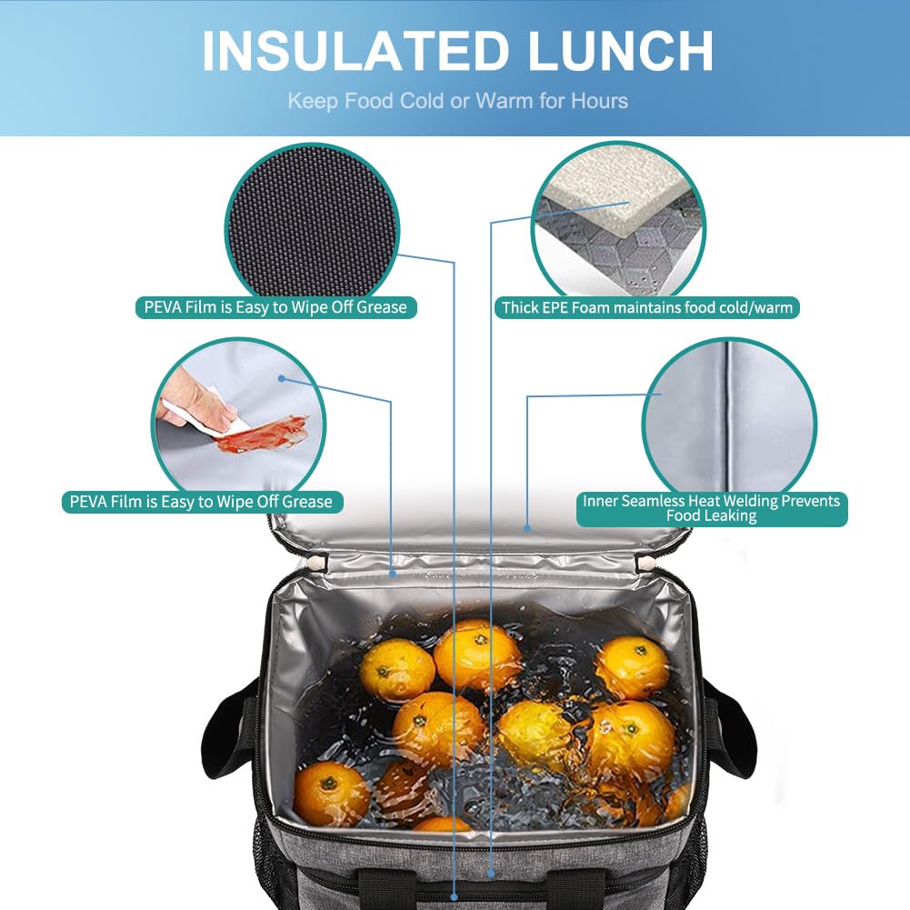 Insulated Lunch Bag with Portable Handle and Storage Compartments for Work School and Picnic Food Carry