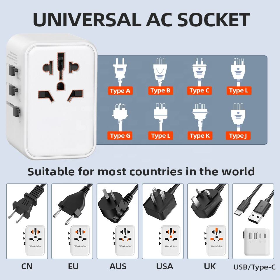 20W 2U-2C Universal Travel Adapter with USB and Type C Ports for International Charging During Travel