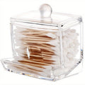 Cotton Swab Storage Box with Bamboo Lid Transparent Square Container for Bathroom Vanity and Toothpick Organization