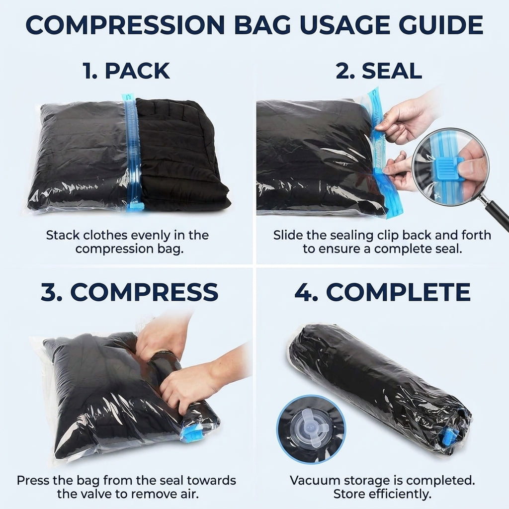 Roll Up Compression Bags with No-Pump Design for Clothes, Blankets, and Travel Storage