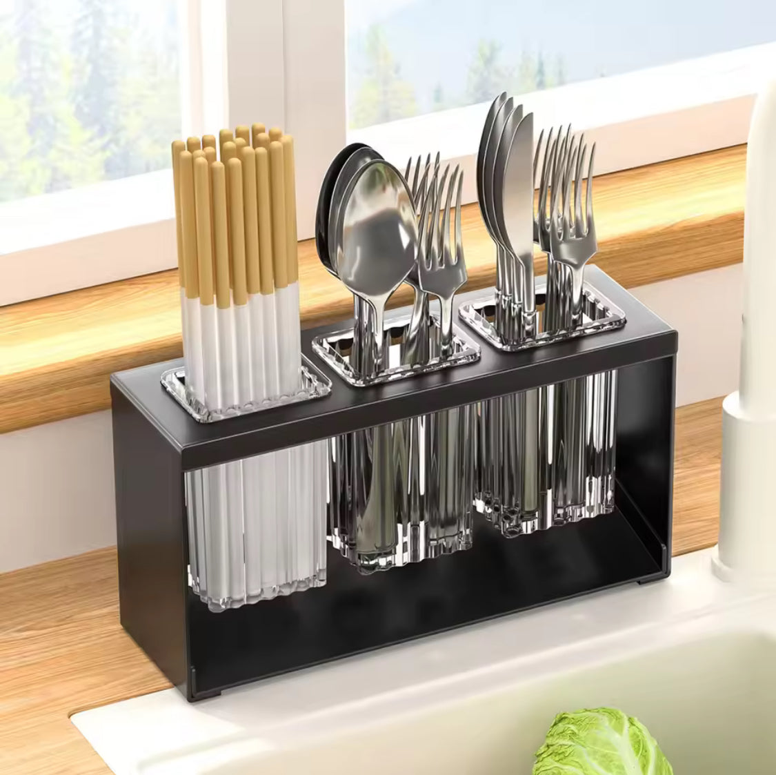 Countertop Utensil Drainer with Multi-Slot Chopstick Cage Design for Kitchen Sink Storage