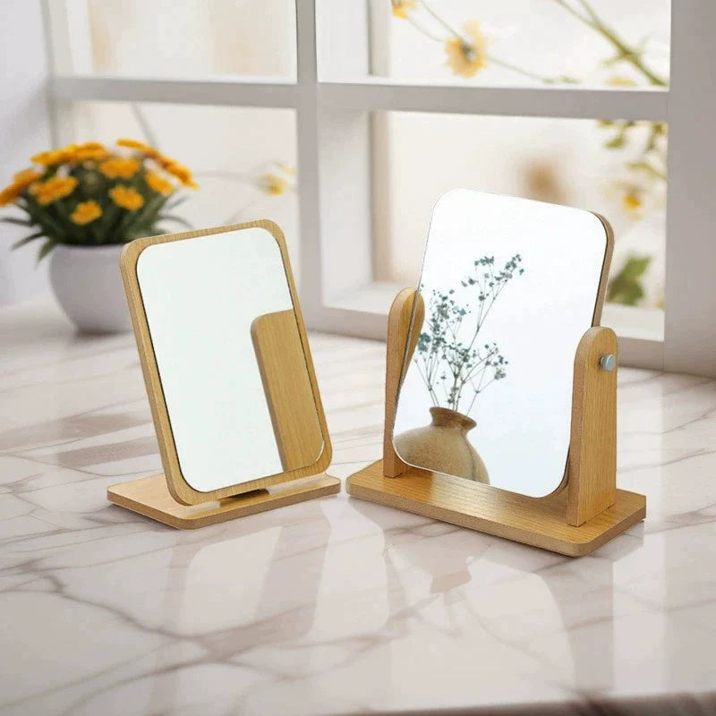 Folding Wooden Makeup Mirror with Adjustable Desktop Stand for Dorm Vanity and Table Use