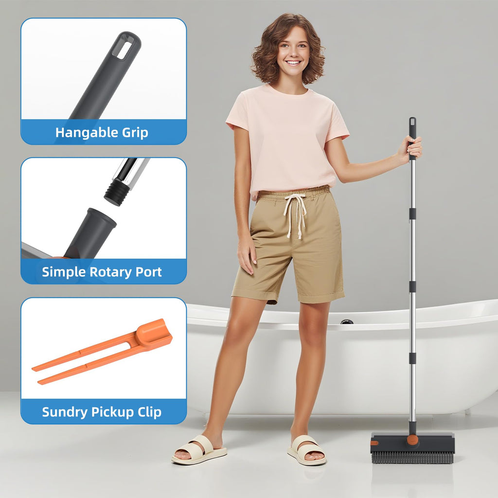 Long Handled Floor Scrub Brush with Squeegee Design for Bathroom Tile and Floor Cleaning