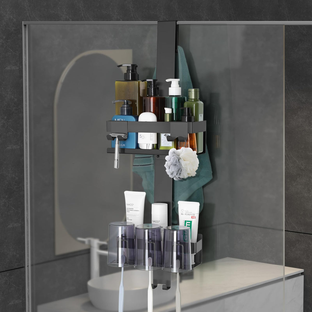 No Drill Stainless Steel Bathroom Shelf with Hooks for Shower Storage and Bathroom Organization