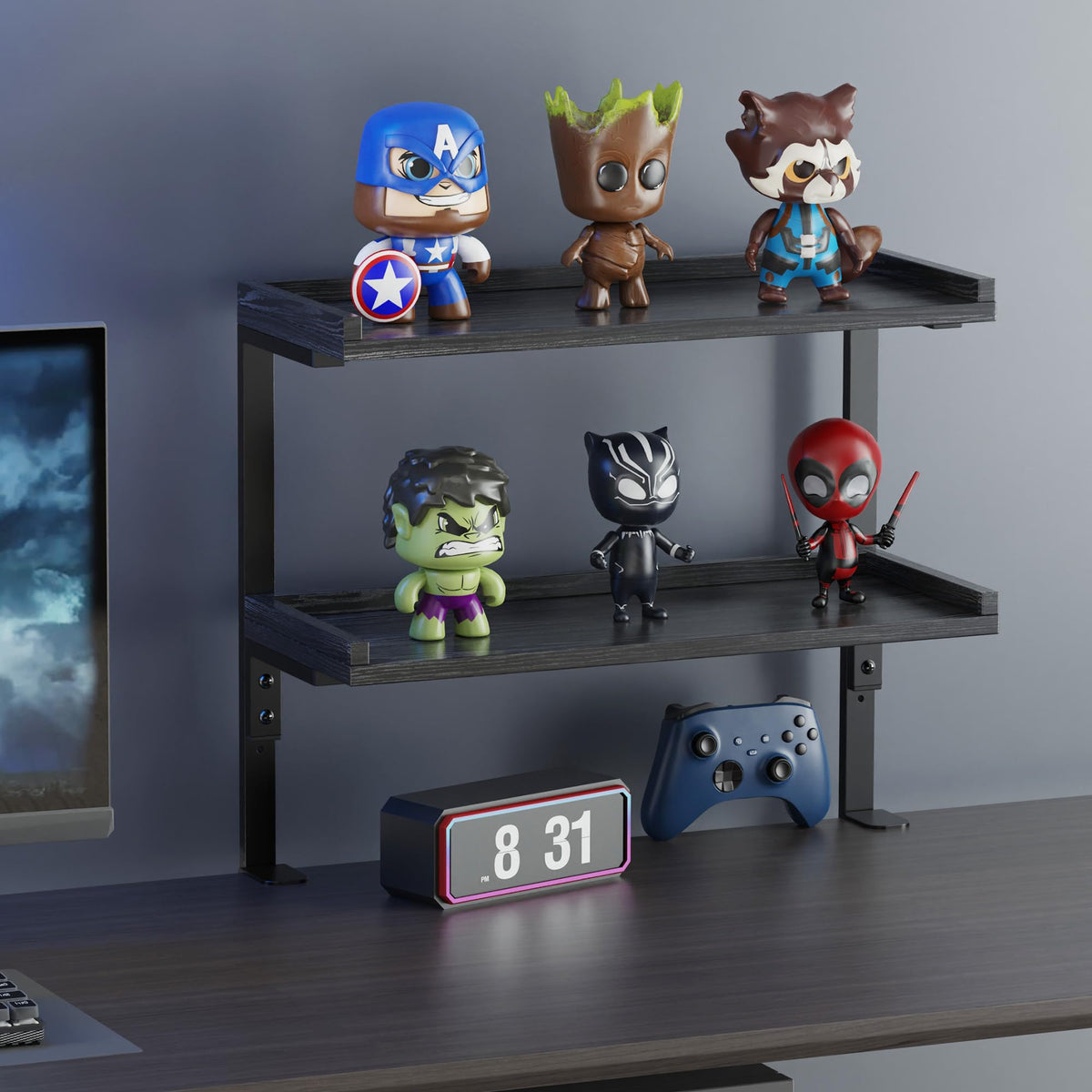 Clamp Desk Shelf with Two Tier Wood Shelving for Office Desk and Gaming Accessory Storage