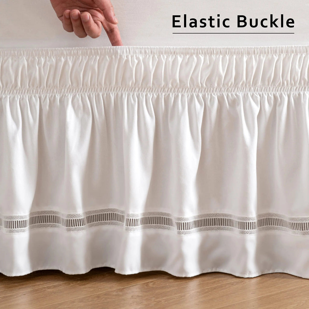 Embroidered Crochet Lace Bed Skirt with Adjustable Belts 15 Inch Drop for Elegant Bedroom Decor